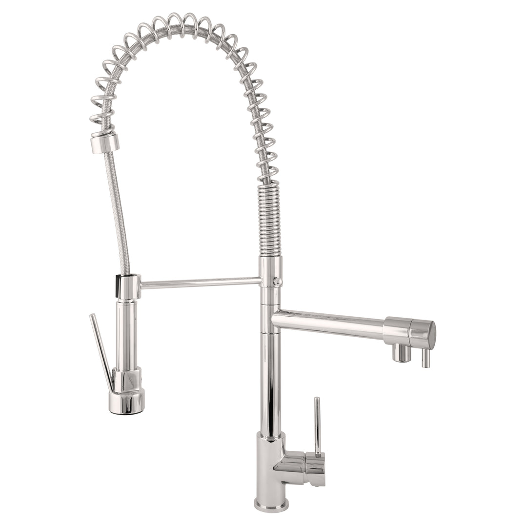 BAI 0631 Single Handle Kitchen Faucet with 2 Spouts and Pull-Down Spray in Brushed Finish