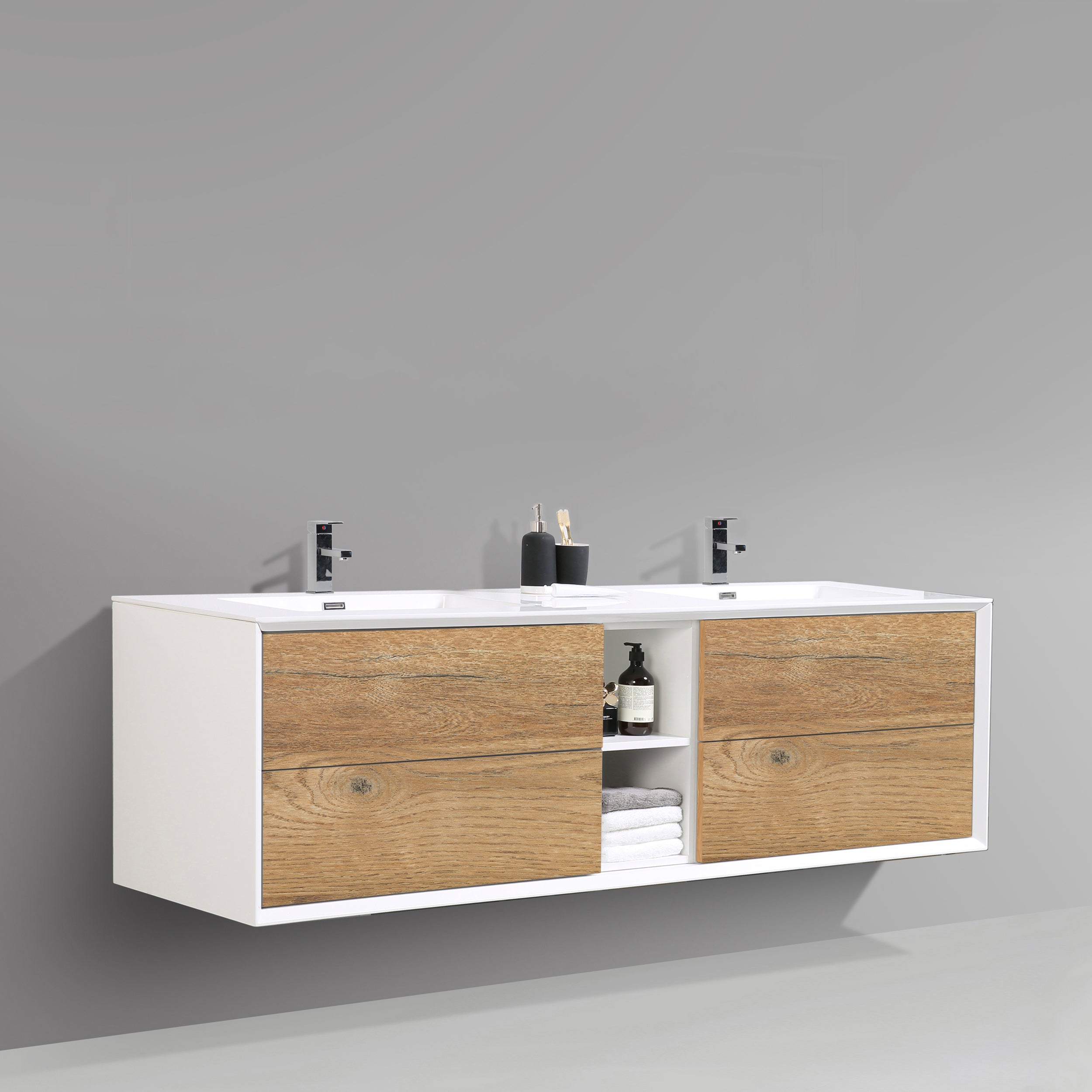 BAI 0722 Wall Hung 75-inch Floating Bathroom Vanity in Rough Oak