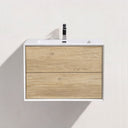 A modern wall-mounted 30-inch bathroom vanity with two light oak wood-grain drawers, a white basin, and a black faucet, shown against a light gray wall.