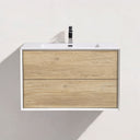 A modern wall-mounted bathroom vanity with two light oak wood drawers, a white top, and a black faucet, shown against a plain off-white wall.