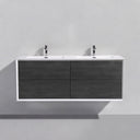 A modern 59-inch floating double-sink bathroom vanity with a white frame and white integrated basins, featuring dark black oak wood-grain front panels and two chrome faucets, shown against a minimalist light gray wall.
