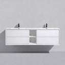 A modern gloss white double-sink floating bathroom vanity with two drawers, an open center shelf, and two black faucet handles, shown against a minimalist gray wall and floor.