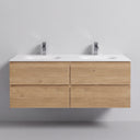 A modern wall-mounted 52-inch double-sink bathroom vanity with a light oak wood cabinet, a matte white integrated countertop, and two chrome faucets, shown against a neutral gray wall.