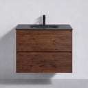 A floating 26-inch bathroom vanity with a rich brown rose wood grain cabinet, a matte black countertop, and a matching black faucet, shown against a light gray wall.