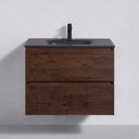 A floating 26-inch bathroom vanity with a rich brown rose wood grain cabinet, a matte black countertop, and a matching black faucet, shown against a light gray wall.
