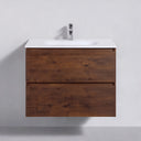 A modern 26-inch wall-mounted bathroom vanity with a rich brown rose wood-grain finish, a matte white integrated sink countertop, and a chrome faucet, shown against a light gray wall.