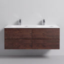 A modern wall-mounted 52-inch bathroom vanity with a rich brown rose wood grain cabinet, a matte white integrated double sink countertop, and two chrome faucets, shown against a light gray wall.