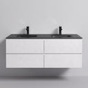 A modern wall-mounted 52-inch double-sink bathroom vanity with a matte white cabinet and a matte black countertop, featuring two black faucets, shown against a neutral light gray wall.