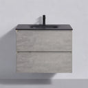 A modern 26-inch wall-mounted bathroom vanity with a textured stone gray concrete-look cabinet, a black integrated sink, and a black faucet, shown against a light gray wall.