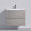 A modern floating 26-inch bathroom vanity with a white integrated sink and two textured stone gray drawers, one of which is open to show the interior storage.