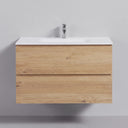 A modern 34-inch wall-mounted bathroom vanity with a light oak wood grain finish, a matte white integrated sink countertop, and a chrome faucet, shown against a neutral gray wall.