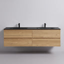 A modern floating 68-inch double-sink bathroom vanity with a light oak wood grain cabinet and a matte black countertop, featuring two matte black faucets, shown against a neutral light gray wall.