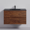 A floating 34-inch bathroom vanity with a rich brown rose wood grain finish and a matte black countertop and integrated sink, shown against a light gray wall.