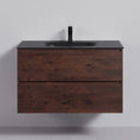 A floating 34-inch bathroom vanity with a rich brown rose wood grain finish and a matte black countertop and integrated sink, shown against a light gray wall.