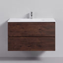 A floating 34-inch bathroom vanity with a rich brown rose wood grain finish, a matte white integrated sink countertop, and a chrome faucet, shown against a light gray wall.