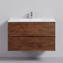 A floating 34-inch bathroom vanity with a rich brown rose wood grain finish, a matte white integrated sink countertop, and a chrome faucet, shown against a light gray wall.