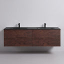 A floating double-sink 68-inch bathroom vanity with a rich brown rose wood grain cabinet, a matte black countertop, and two matte black faucets, shown against a light gray wall.