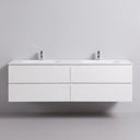 A modern matte white 68-inch double-sink floating bathroom vanity with four drawers and two chrome faucets, set against a minimalist light gray wall and floor.