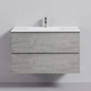 A modern 34-inch wall-mounted bathroom vanity with a textured stone gray concrete-look finish, a white integrated sink top, and a chrome faucet, shown against a light gray wall.