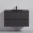 A modern 34-inch floating bathroom vanity in black oak finish with a matte black undermount sink and faucet, shown against a plain light gray wall.