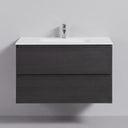 A modern 34-inch wall-mounted bathroom vanity with a dark black oak wood-grain finish, a white integrated sink countertop, and a chrome faucet, shown against a neutral light gray wall.