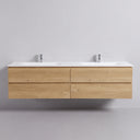 A modern wall-mounted 84-inch double-sink bathroom vanity with a light oak wood grain cabinet and a matte white integrated countertop, shown against a neutral light gray wall.