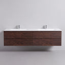 A modern floating 84-inch double-sink bathroom vanity with a rich brown rose wood grain cabinet and a matte white integrated countertop, shown against a neutral light gray background.