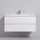 A modern matte white 42-inch wall-mounted bathroom vanity with two drawers and an integrated sink, shown with a chrome faucet against a light gray background.