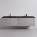 A modern floating 84-inch double-sink bathroom vanity with a light stone gray concrete-look cabinet and a matte black countertop, shown against a plain light gray wall.
