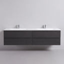 A modern wall-mounted 84-inch double-sink bathroom vanity with a dark black oak wood finish cabinet with four drawers and a matte white integrated countertop, shown against a neutral light gray wall.