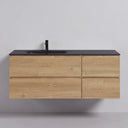 A modern 52-inch floating bathroom vanity with a light oak wood grain finish and a matte black countertop, featuring an integrated matte black off center basin and a matching matte black faucet, shown against a neutral light gray wall.
