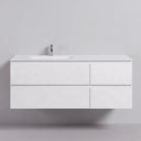 A modern wall-mounted 52-inch bathroom vanity cabinet in a matte white finish, an off centered matte white top basin made from resin and quartz and four drawers of storage space shown against a light gray neutral wall.