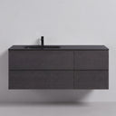 A modern floating 52-inch bathroom vanity with a dark black oak wood grain finish, featuring four drawers and a matte black off centered integrated sink with a matte black faucet, shown against a light gray wall.