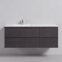 A modern floating 52-inch bathroom vanity with a dark black oak wood-grain finish, a matte white off center countertop, and an integrated matte white sink basin with a chrome faucet, shown against a neutral light gray wall.