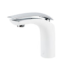 A modern single-handle bathroom faucet with a matte white body and a polished chrome curved spout, shown on a solid white background.