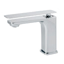 A modern single-handle bathroom faucet with a polished chrome finish, featuring a flat rectangular lever handle and a square base, shown against a white background.