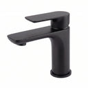 A modern single-handle bathroom faucet in a matte black finish, shown from a three-quarter angle against a plain white background.