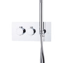A modern wall-mounted shower system with two round chrome control knobs on a rectangular backplate, a vertical chrome hand shower rod, and a coiled flexible hose, shown against a plain white background.