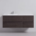 A modern 52-inch floating bathroom vanity with a dark brown graphite wood-grain finish, a matte white countertop, and an off center integrated matte white sink basin with a chrome faucet, shown against a light gray wall.