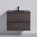 A modern 26-inch floating bathroom vanity with a dark brown graphite wood-grain finish, a matte black countertop with an integrated sink, and a matching matte black faucet, shown against a light gray wall.