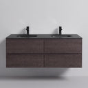 A modern 52-inch floating bathroom vanity with a dark brown graphite wood grain finish and a matte black double basin countertop, shown against a plain light gray wall.