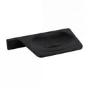 A matte black wall-mounted soap dish with a rectangular basin and a flat mounting bracket on the left, shown on a plain white background.