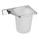 A frosted glass toothbrush cup holder with a polished chrome wall mount bracket, shown against a plain white background.