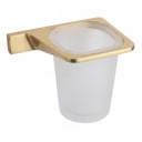 A frosted glass toothbrush cup holder with a brushed gold wall mount bracket, shown against a plain white background.
