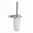 A wall-mounted toilet brush holder with a brushed nickel stainless steel stand and a frosted white cylindrical cup, shown on a plain white background.