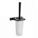 A modern toilet brush with a matte black metal holder and handle, and a frosted white plastic brush holder, shown against a plain white background.