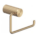 A modern wall-mounted brushed gold toilet paper holder with a textured cylindrical roll holder and a U-shaped support arm, shown against a plain white background.