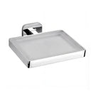 A modern rectangular wall-mounted soap dish with a frosted translucent glass tray and a polished chrome metal frame and bracket, shown on a plain white background.