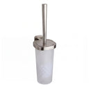 A wall-mounted toilet brush holder with a frosted glass cup, brushed nickel metal rim and bracket, and a matching toilet brush, shown on a plain white background.