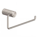 A modern wall-mounted brushed nickel towel holder ring with a textured cylindrical roll holder and a long horizontal arm, shown against a plain white background.